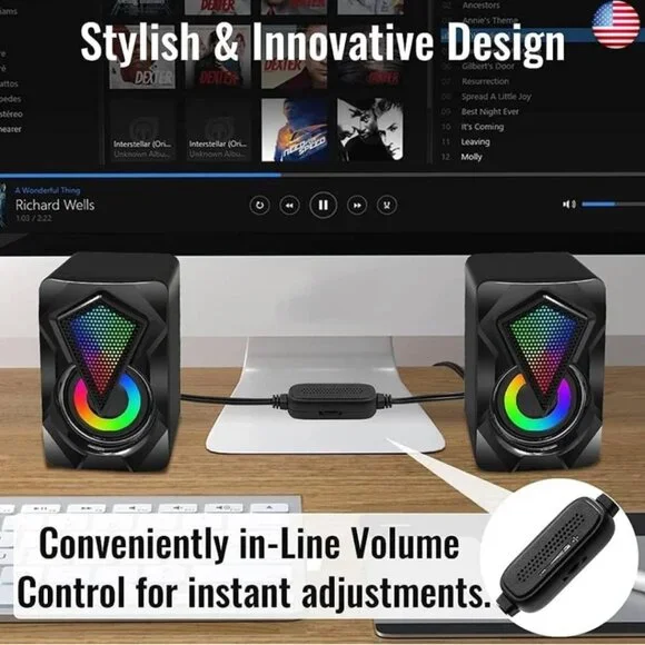 NEW- NJSJ Computer Speakers with Colorful RGB Lights, USB Powered 3.5mm Aux- - Picture 6 of 9